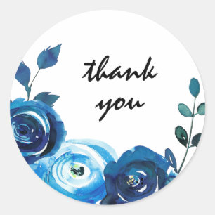 Sticker Rond Indigo Blue Watercolor Floral merci pour