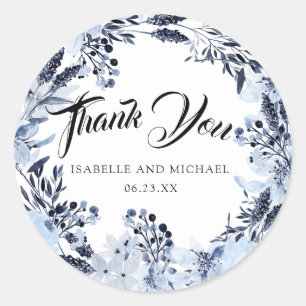 Sticker Rond Indigo Garden Blue Floral Mariage Merci