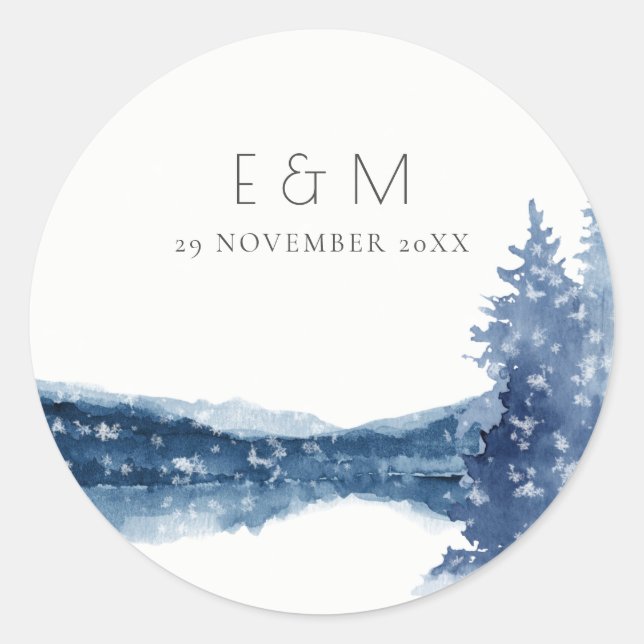 STICKER ROND INDIGO INK BLUE MOUNTAIN LAKE MARIAGE MONOGRAMME (Devant)