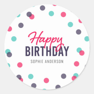 Sticker Rond Indigo Pink Turquoise Confetti Joyeux anniversaire