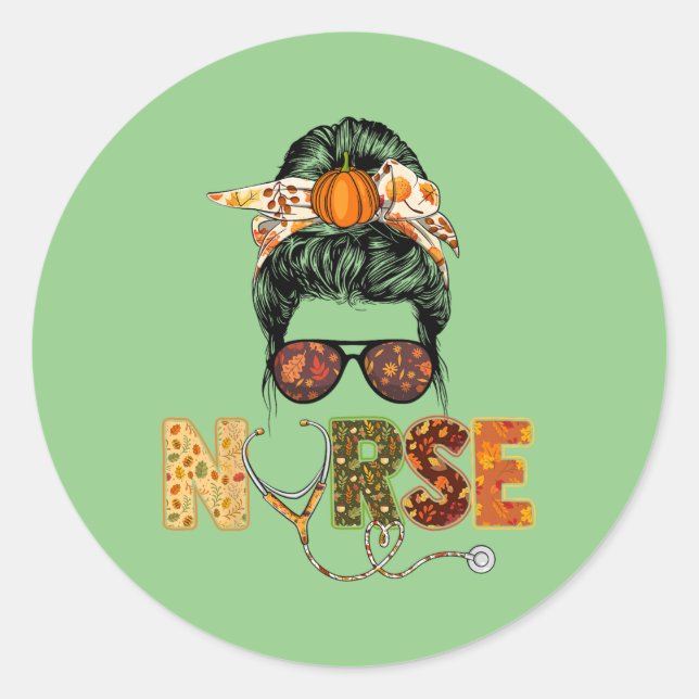 Sticker Rond Infirmière automne Thanksgiving Stethocope Scrub R (Devant)