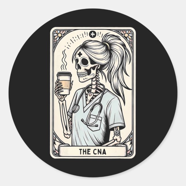 Sticker Rond Infirmière certifiée Istant Tarot Card Skeleton Cn (Devant)