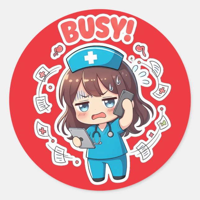 Sticker Rond Infirmière Chibi Originale 3.0 - Occupée (Devant)