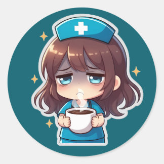 Sticker Rond Infirmière Chibi Originale - Café avec Fatigue