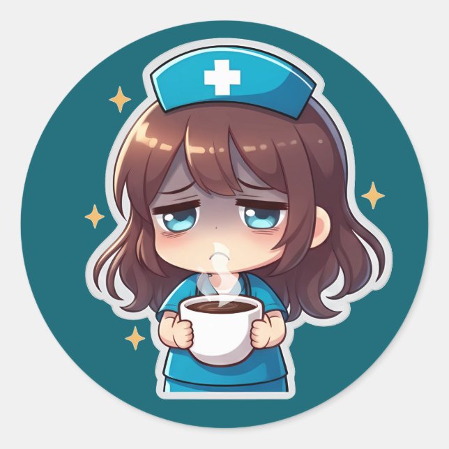 Sticker Rond Infirmière Chibi Originale - Café avec Fatigue (Devant)