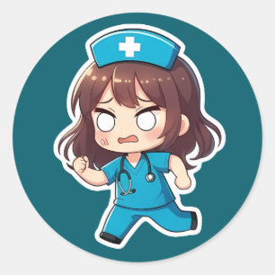 Sticker Rond Infirmière Chibi Originale - L'équipe agitée
