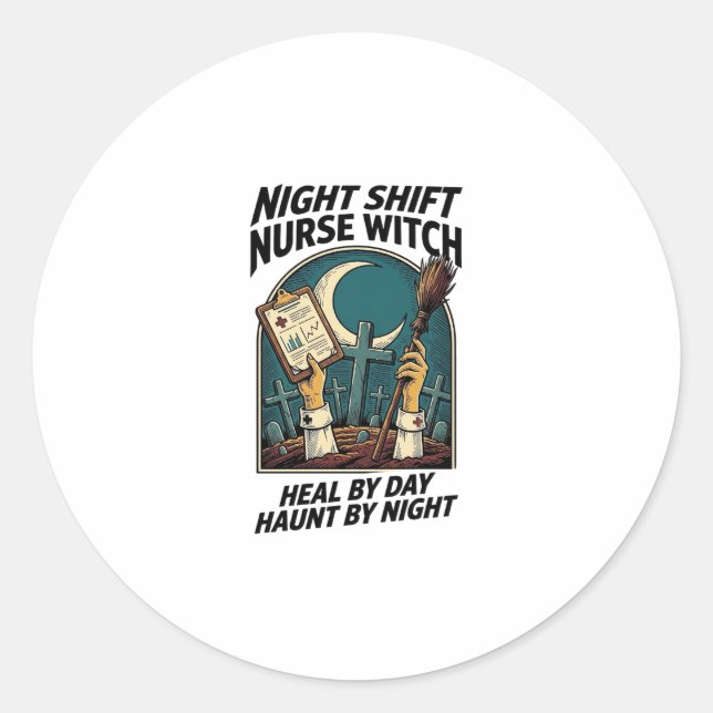 Sticker Rond Infirmière de nuit Sorcière Rétro Halloween T-shir (Devant)