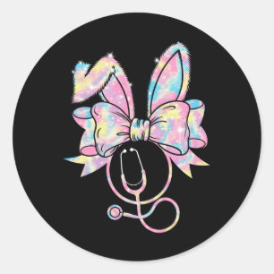 Sticker Rond Infirmière de Pâques Coquette Bow Stethoscope Bunn