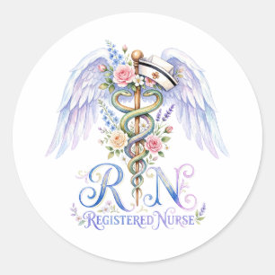 Sticker Rond Infirmière diplômée RN Ailes d'ange aquarelle flor