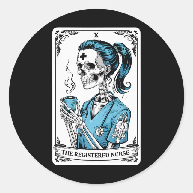 Sticker Rond Infirmière inscrite Carte Tarot Skeleton Infirmièr (Devant)