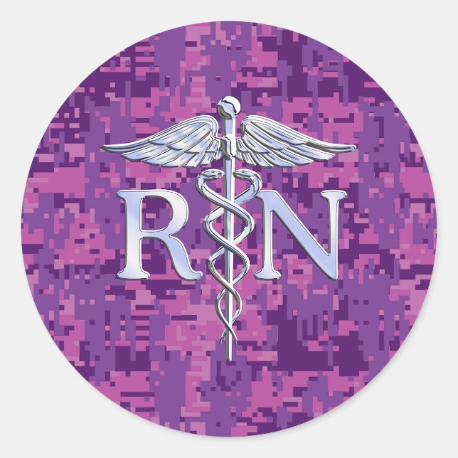 Sticker Rond Infirmière inscrite RN Silver Caduceus sur Camo Ro (Devant)