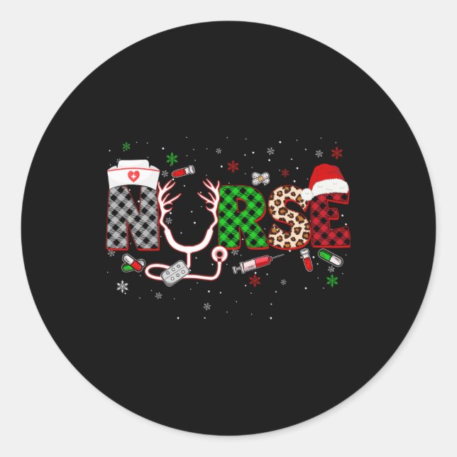 Sticker Rond Infirmière Léopard Plaid Noël Noël Noël Rn Cna Icu (Devant)