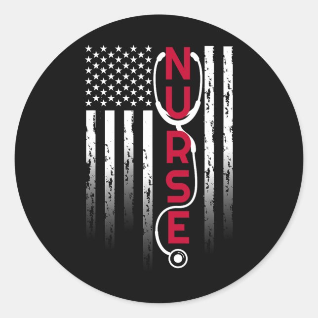 Sticker Rond Infirmière Patriotique Avec Drapeau Stethoscope Po (Devant)
