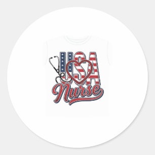 Sticker Rond Infirmière Patriotique USA Cœur Chemise Stethoscop
