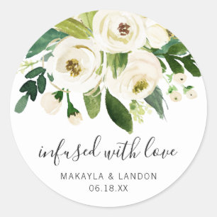Sticker Rond Infusé Avec Amour Élégant Mariage Floral Blanc