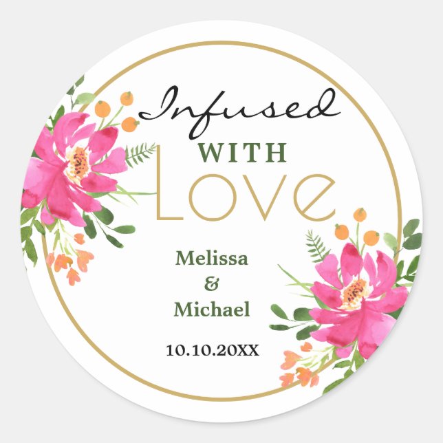 Sticker Rond Infusé Avec Amour Mariage Floral Rose (Devant)