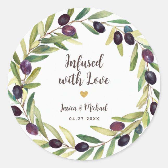Sticker Rond Infusé avec amour Wreath Olive Oil Mariage Faveurs (Devant)