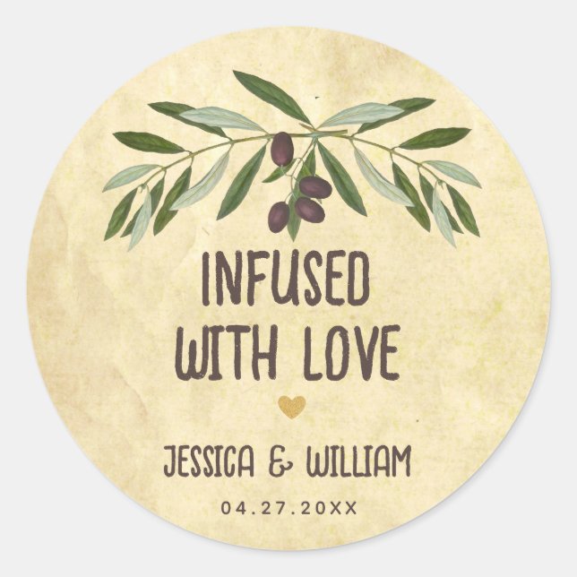 Sticker Rond Infusé par l'amour Mariage rustique Olive Oil Fave (Devant)