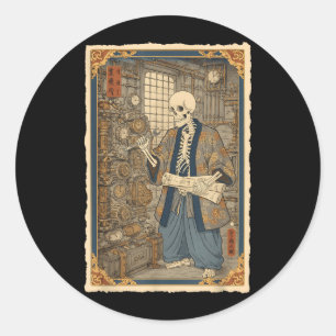 Sticker Rond Ingénieur squelette Steampunk Samouraï Art gothiqu