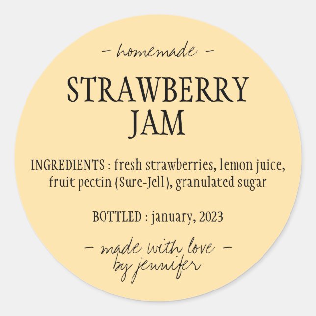 Sticker Rond Ingrédients de confiture de fraise maison jaune (Devant)