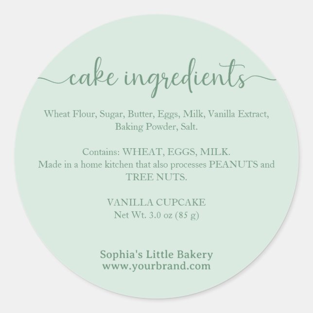 Sticker Rond Ingrédients de gâteau de script pastel vert minima (Devant)