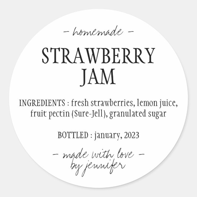Sticker Rond Ingrédients de la Confiture de Fraises Maison (Devant)