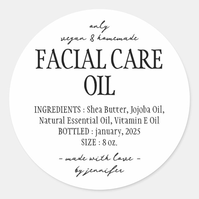 Sticker Rond Ingrédients de l'huile de soin facial Simple Bottl (Devant)