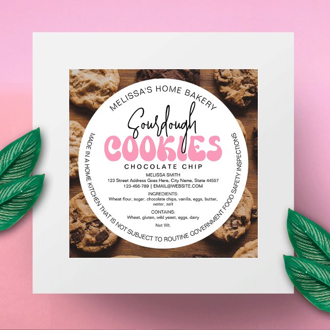 Sticker Rond Ingrédients pour les cookies de la boulangerie au  (Retro Pink Sourdough Bakery Cookies Ingredients Classic Round Sticker)