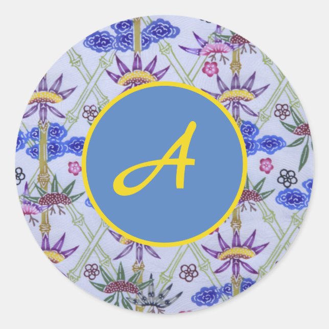 STICKER ROND INITIAL PERSONNALISÉ AVEC FLEURS BLEU (Devant)