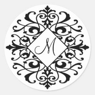 Sticker Rond Initiale blanche de monogramme de rouleau de noir