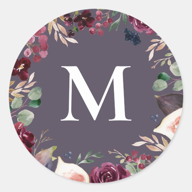 Sticker Rond Initiale florale aquarelle rose et violette (Devant)