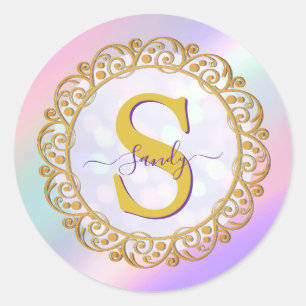 Sticker Rond Initiale iridescente chic avec ornement doré