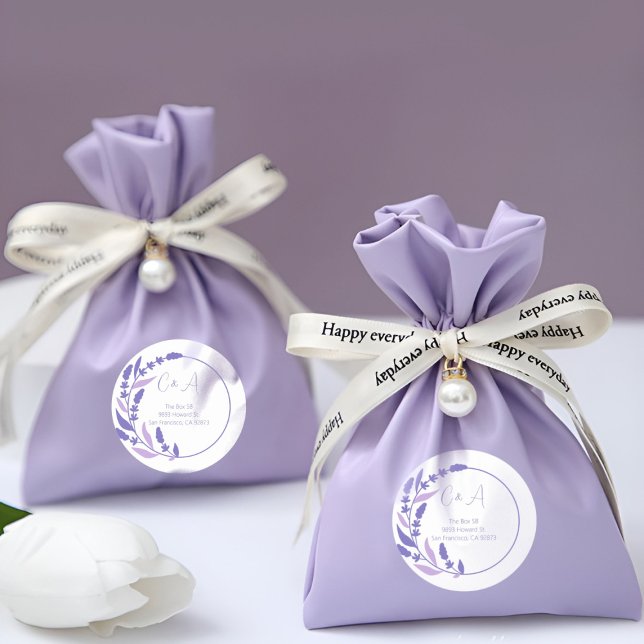 Sticker Rond Initiales de cercle feuillus violet (Purple Leafy Circle Initials Classic Round Sticker on a wedding gift)