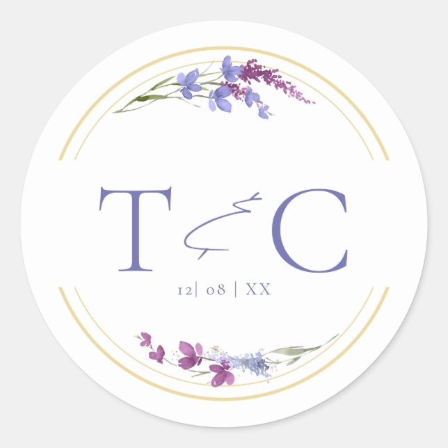 Sticker Rond Initiales de l'aquarelle du Mariage fleur sauvage  (Devant)