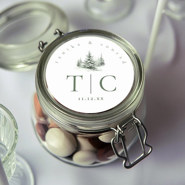 Sticker Rond Initiales de mariage d'hiver rustique Forest Green (Créateur téléchargé)