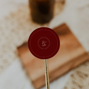 Sticker Rond Initiales de mariage élégantes en rouge vin monogr