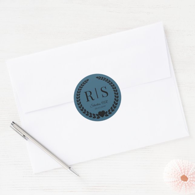 Sticker Rond Initiales de monogramme de mariage bleu sarcelle f (Enveloppe)