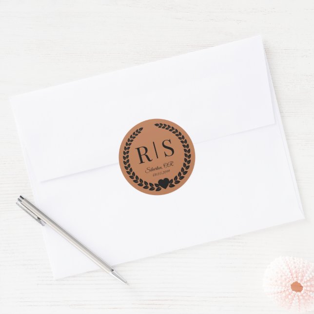 Sticker Rond Initiales de monogramme de mariage Copper Glow (Enveloppe)