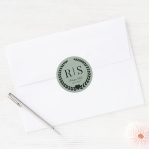 Sticker Rond Initiales de monogramme de mariage vert sauge