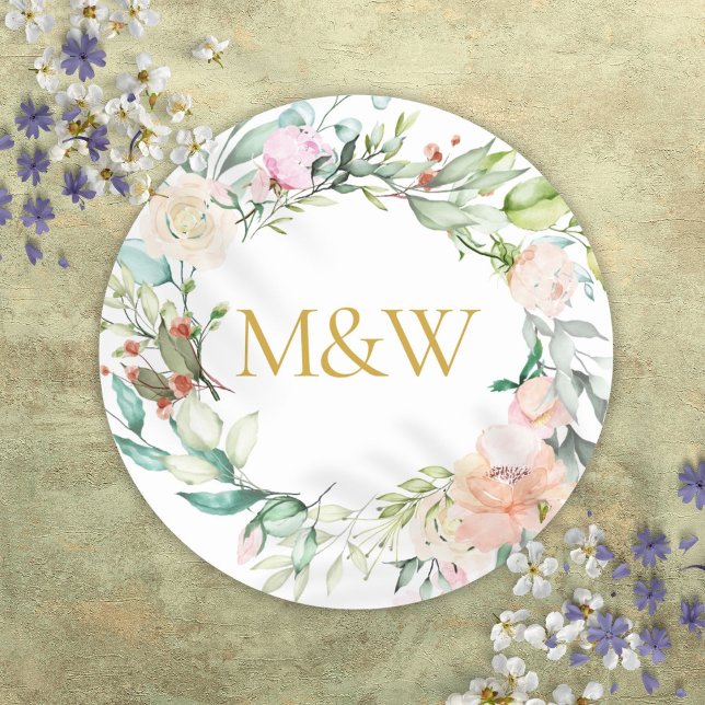 Sticker Rond Initiales de monogramme d'or Rose Garland Floral (Gold Monogram Initials Roses Garland Floral Classic Round Sticker)