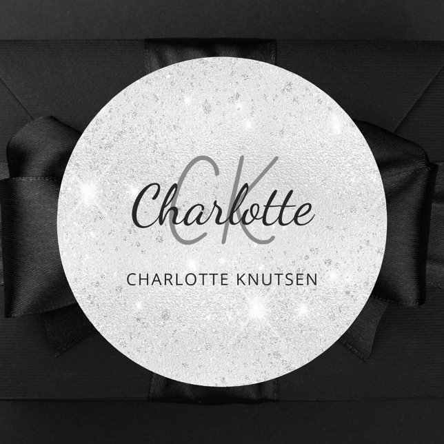 Sticker Rond Initiales de monogramme en paillettes argentées (Créateur téléchargé)