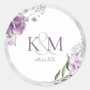Sticker Rond Initiales du Mariage d'étincelle florale Mauve ID8