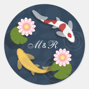 Sticker Rond Initiales du monogramme japonais Koi Fish