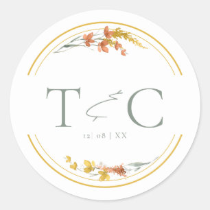 Sticker Rond Initiales en aquarelle fleur sauvage Mariage Gold 