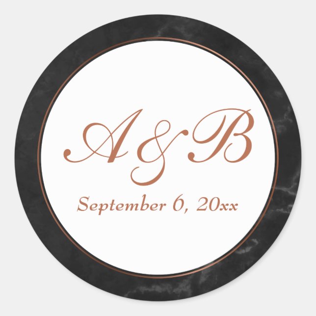 Sticker Rond Initiales en écriture cuivrée & Date sur faux marb (Devant)