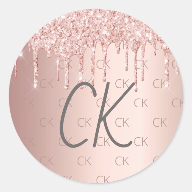 Sticker Rond Initiales en or rose monogramme parties scintillan (Devant)