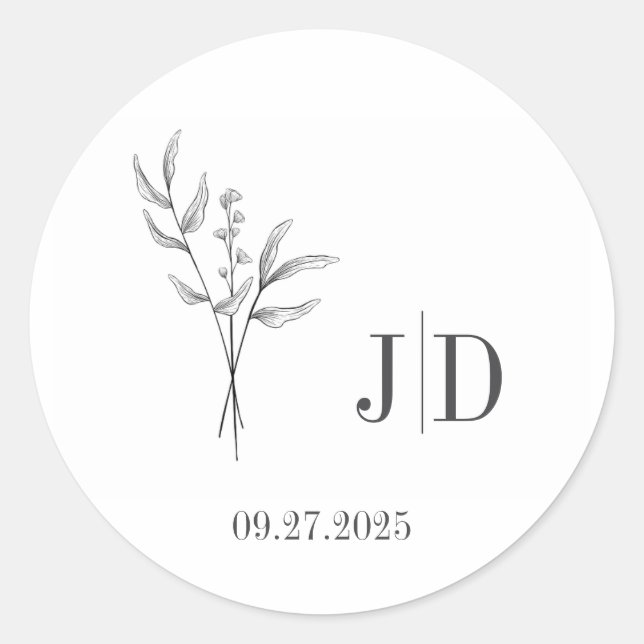 Sticker Rond Initiales et date Elegant minimaliste Mariage (Devant)