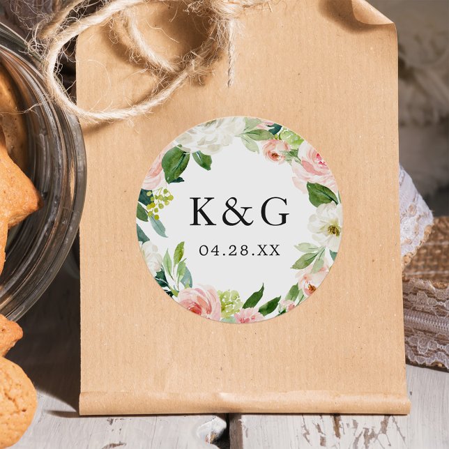 Sticker Rond Initiales mariages Fleurs Roses Vides (Créateur téléchargé)