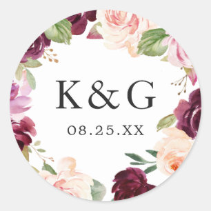 Sticker Rond Initiales mariages Plum violet Blush Floral Wreath