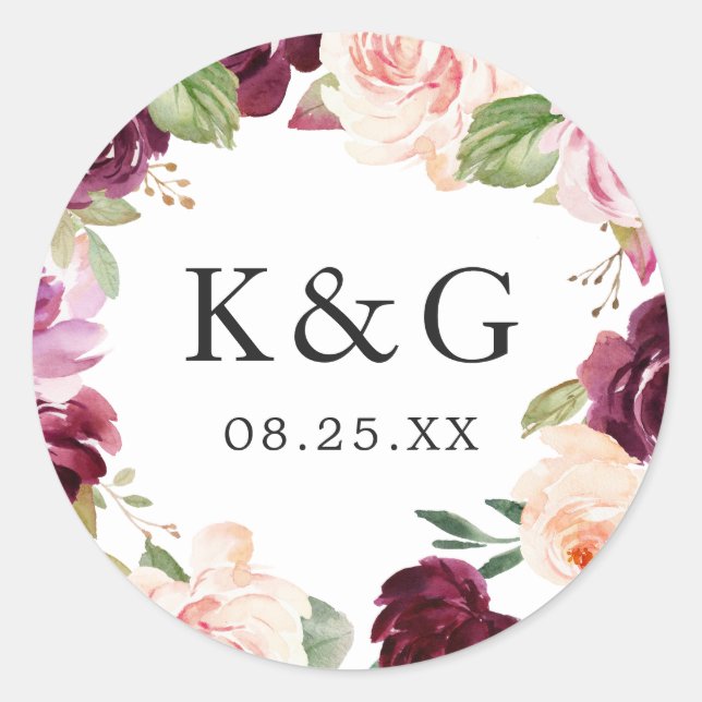 Sticker Rond Initiales mariages Plum violet Blush Floral Wreath (Devant)